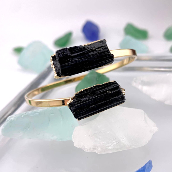 Natural Black Tourmaline Open Double Stone 18k Gold Plated Cuff Bracelet - Picture 3 of 8